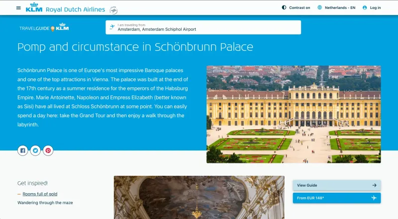 A screenshot of https://www.klm.nl/en/travel-guide/inspiration/pomp-and-circumstance-in-schonbrunn-palace